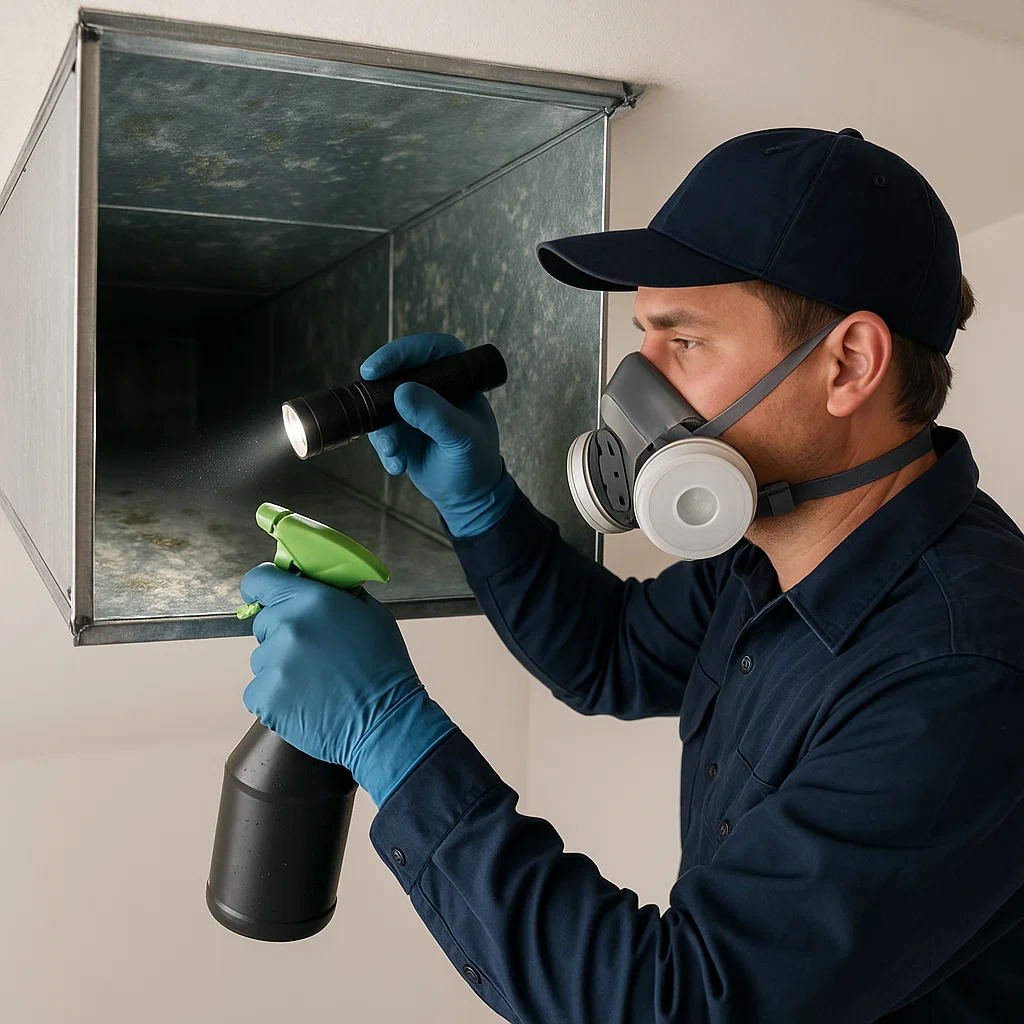 Technician from Conroe TX Air Ducts Cleaning using moisture detection and sanitizing treatment to prevent mold and mildew inside air ducts.