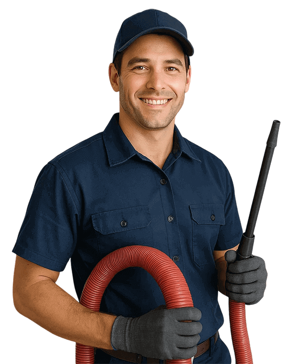 Conroe TX Air Ducts Cleaning professional technician smiling with cleaning equipment