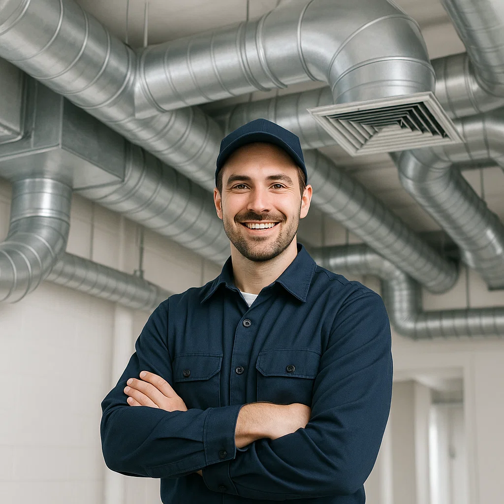 Technician from Conroe TX Air Ducts Cleaning improving HVAC efficiency by removing duct debris to reduce energy costs and enhance airflow.