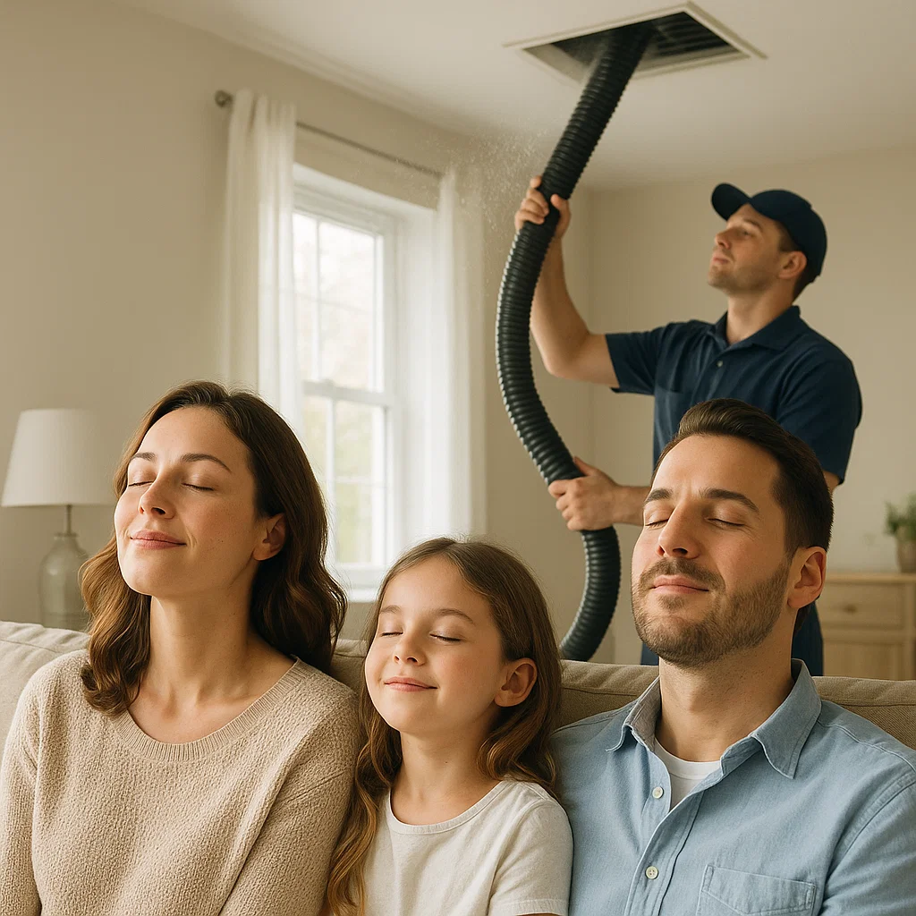 Family enjoying cleaner indoor air after professional duct cleaning and allergen removal by Conroe TX Air Ducts Cleaning.